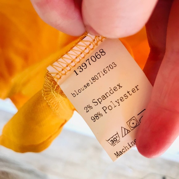 Shein size M mustard blouse with brown plaid balloon sleeves ruffle trim - Picture 5 of 5